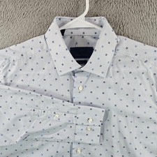David Donahue Mens Regular Fit Striped Geometric Dress Shirt 16 32/33 Blue White