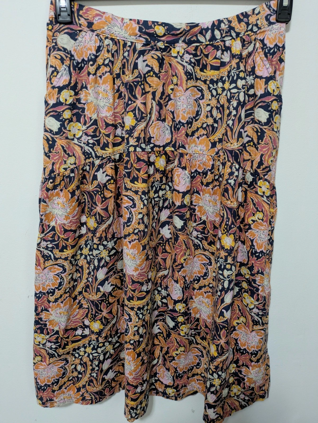 TAHARI 100% Linen Floral Midi Skirt LARGE Boho Paisley Multicolor Cottagecore