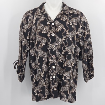 John Mark Tiger Print Button Up Down Shirt Womens Size Medium Novelty Cats Work