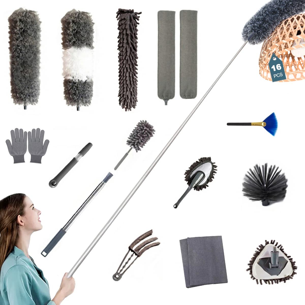 Duster Household Cleaning Supplies Kit 16pcs Microfiber Feather Duster 100in ...