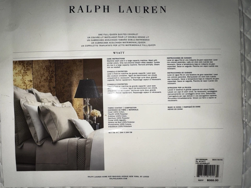 Ralph Lauren Completo/Queen Acolchado Cobertor Nuevo Blanco Foto 2 de 3