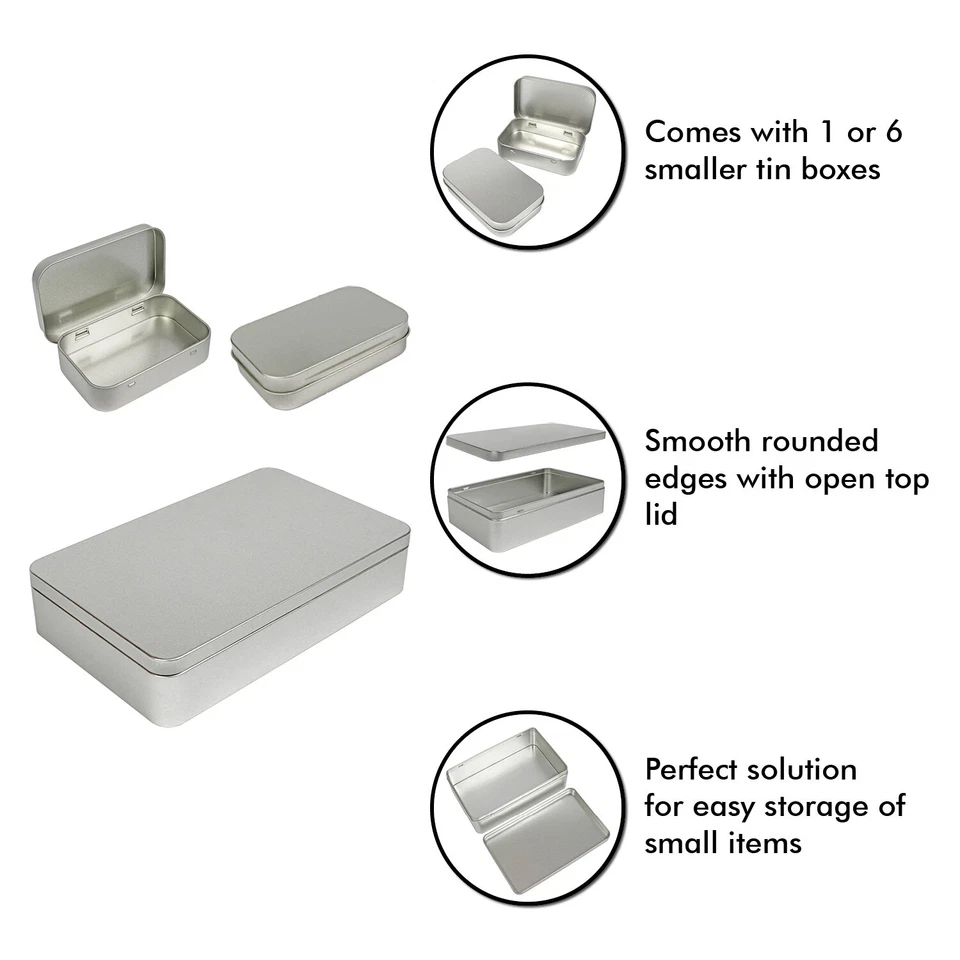 Large Silver Metal Rectangular Empty Tin Box Containers Storage Organization - Image 2 of 4