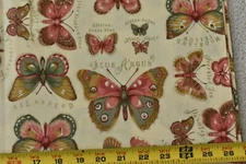 By 1/2 Yd, Pink Green Brown Butterflies on Light-Yellow Cotton, Lakehouse, P4571