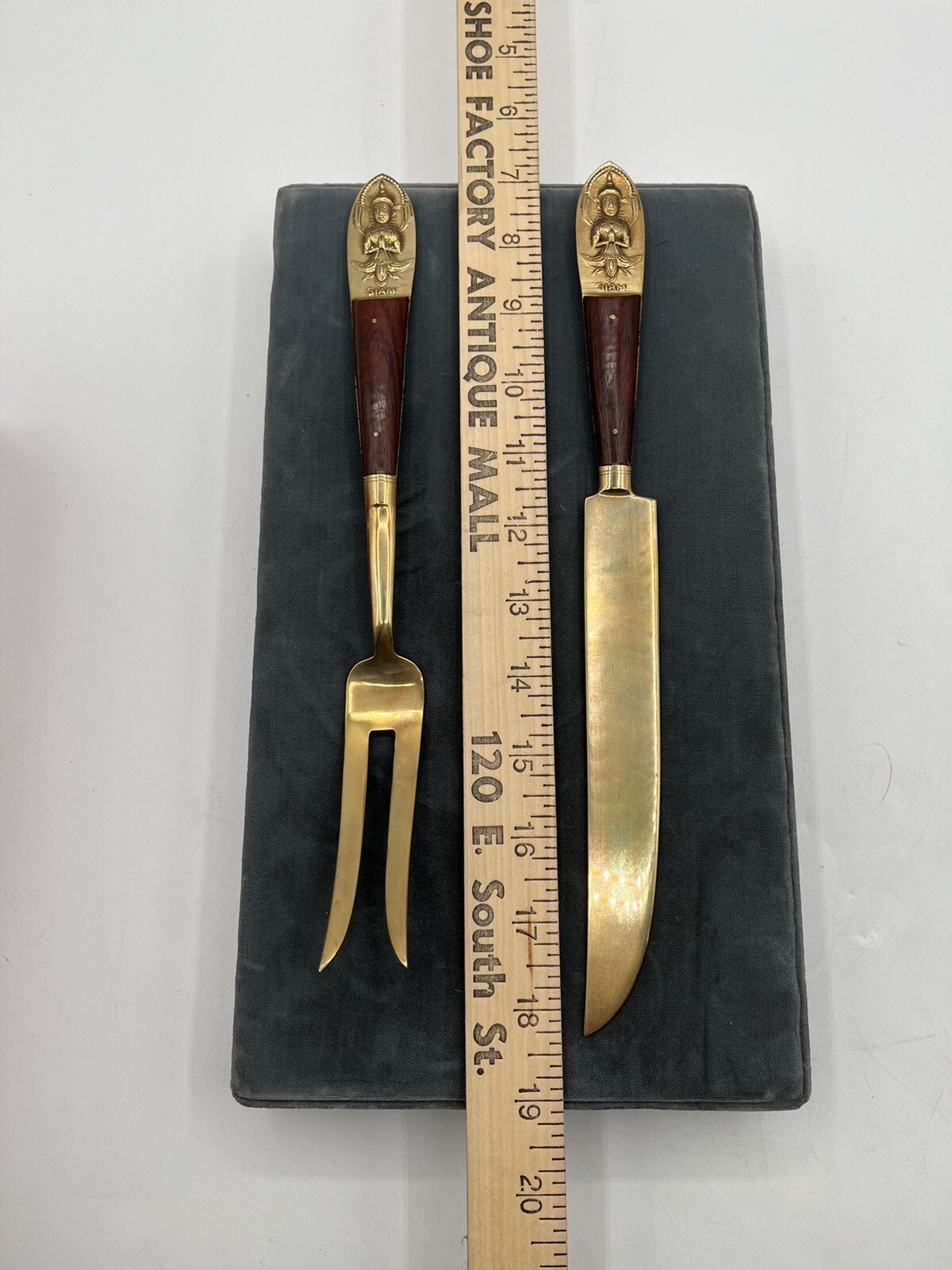 VTG Siam Meat Fork & Knife Set Brass/ Partial Wood Handle
