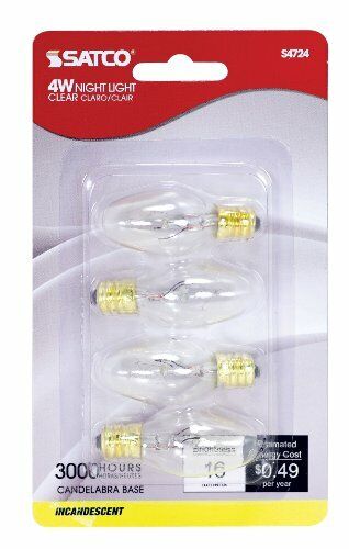 Satco S4724 120V 4/Card Candelabra Base 4-Watt 4C7 Night Light Bulb, Clear - Picture 2 of 3