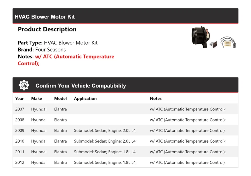 Kit de motor soprador HVAC Hyundai Elantra 2007-2012 4 estações 2008 2009 2010 - Imagem 2 de 3