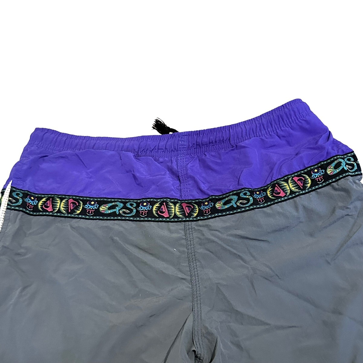 made in USA 90sビンテージ サーフトランクス swivel 28 Quiksilver Men's Swim Trunks Tribal Pattern Purple 28