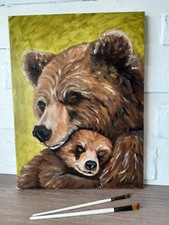 Madre orso e cucciolo dipinto ad olio animale arte originale 12 per 16 orso f...