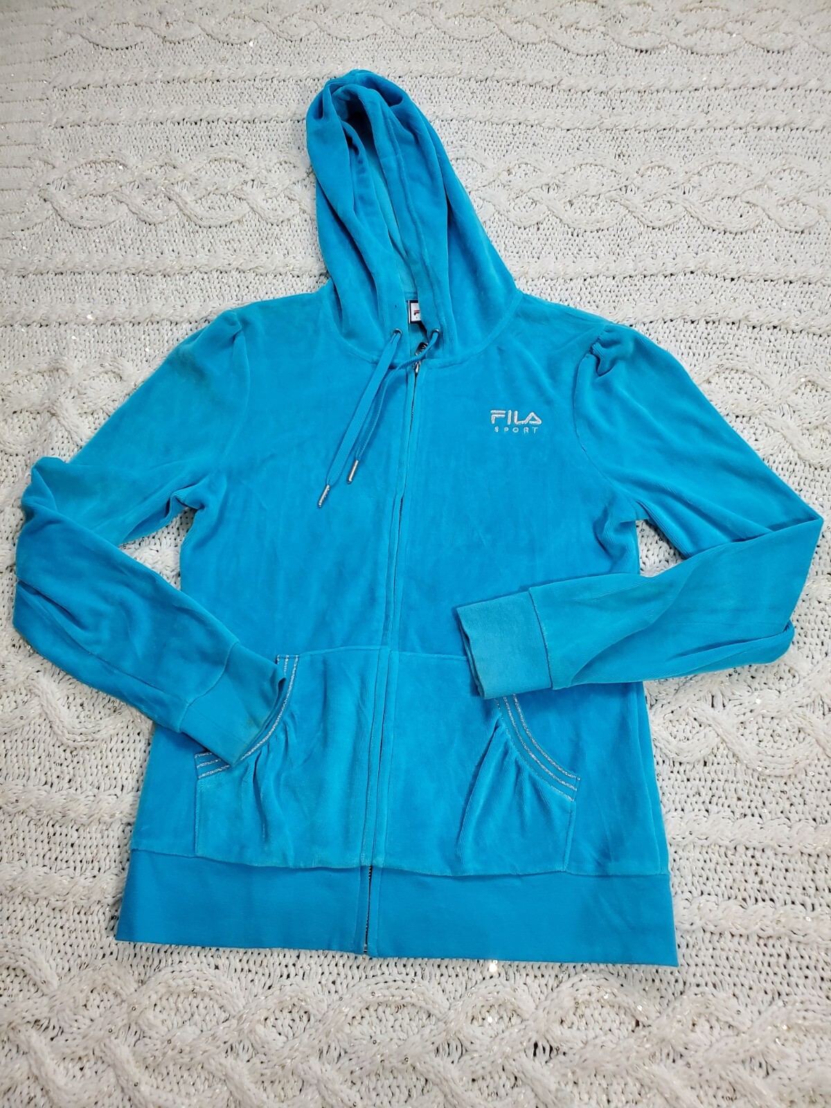 LADIES SIZE S FILA SPORT LONG SLEEVE FULL ZIP VELOUR AQUA COLOR HOODED JACKET