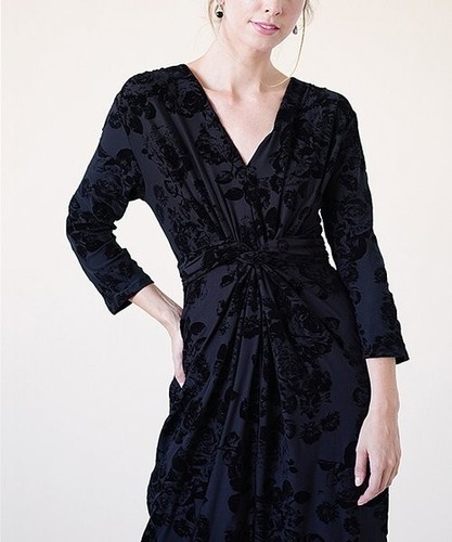 Black Floral V-Neck Maxi Dress 3/4 Sleeve Size S