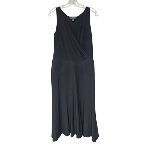Lauren Ralph Lauren Sleeveless LBD Dress Sz 10 Black V-Neck Midi Party Event