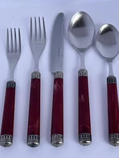 Vtg EME Italy 5 Pc.  Burgundy Place Setting 18/10 Stainless; used