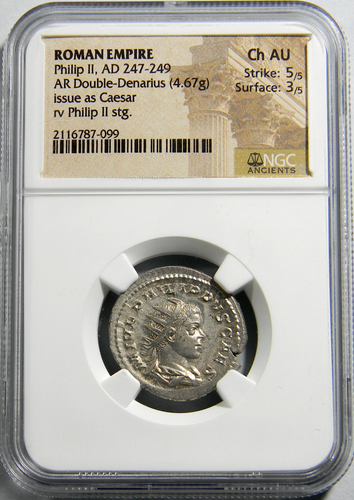 Römische Münze 247-249 Philipp II. Doppeldenar NGC CH AU (27-12) - Bild 3 von 4