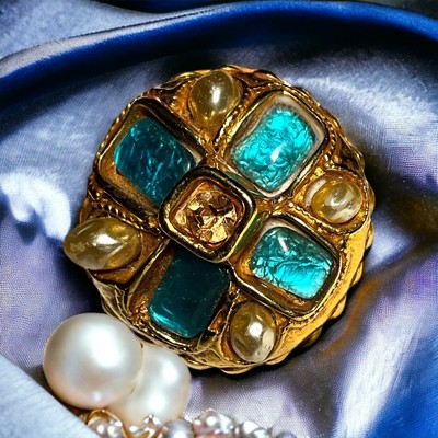 Broche Vintage Signée Kalinger - Perles & Pâte De Verre - Doré - Thème Années 80 - Occasion