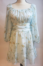 EXLURA Dress Mini Blue Floral Tie in Back Bishop Sleeve Square Neckline XL