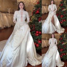 Vintage Wedding Dresses 1950s Long Sleeves Side Splited Ivory Bridal Ball Gowns