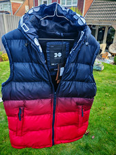Chaleco acolchado Crosshatch para hombre azul/rojo con capucha L bolsillos con cremallera completa logotipo