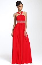 JS Boutique Beaded Chiffon Halter Gown Sz 8 Tangerine