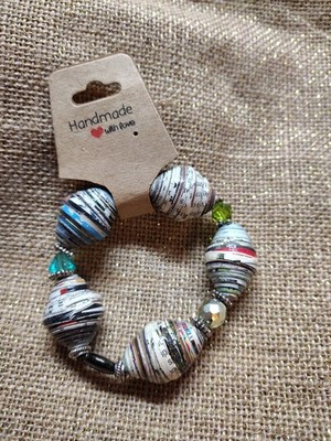 Artisan Crafted Paper Bead Bracelet Handmade Large Chunky 7'' Multi Colored 
