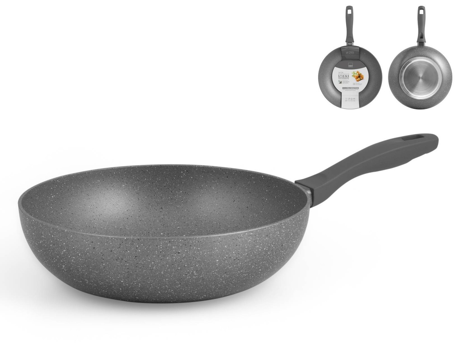 H&h Wok Non-Stick Stone Induction Grey Cm28