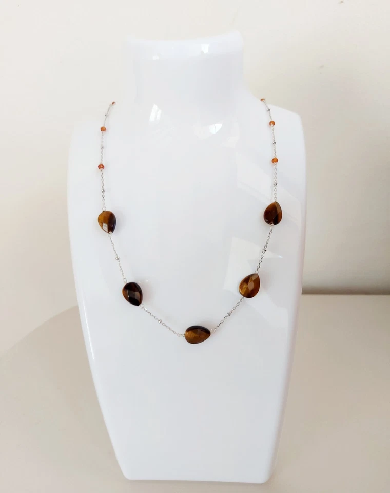 Collana in argento 925 con occhio di tigre a goccia sfaccettata e cubic zirconia - Immagine 3 di 4