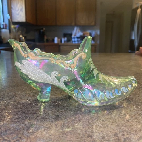 FENTON Hand Painted Swan Iridescent Green Slipper Shoe Signed J. Drayer