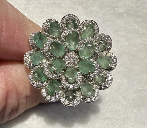 Vintage 925 Sterling Silver & Emerald Cluster Ring Size R Statement Piece 8.2g