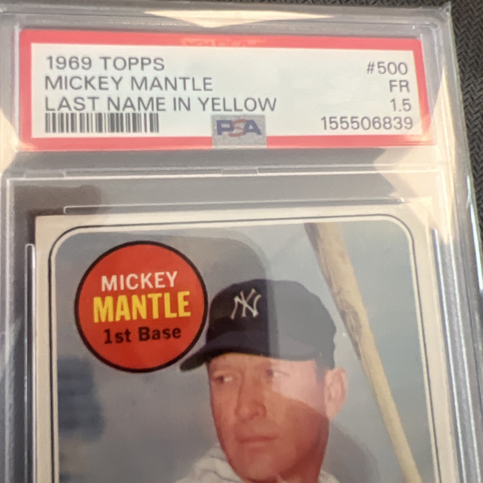 1969 MICKEY MANTLE TOPPS PSA 1.5 LAST NAME YELLOW NEW YORK YANKEES HOF #500 view 2