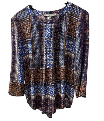 Daniel Rainn M Bohemian Paisley Pleated Henley Blouse Tunic Top Blue Orange