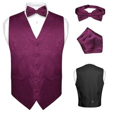 Men's Dress VEST Bow Tie EGGPLANT PURPLE PAISLEY Design for Tux BowTie Hanky Set