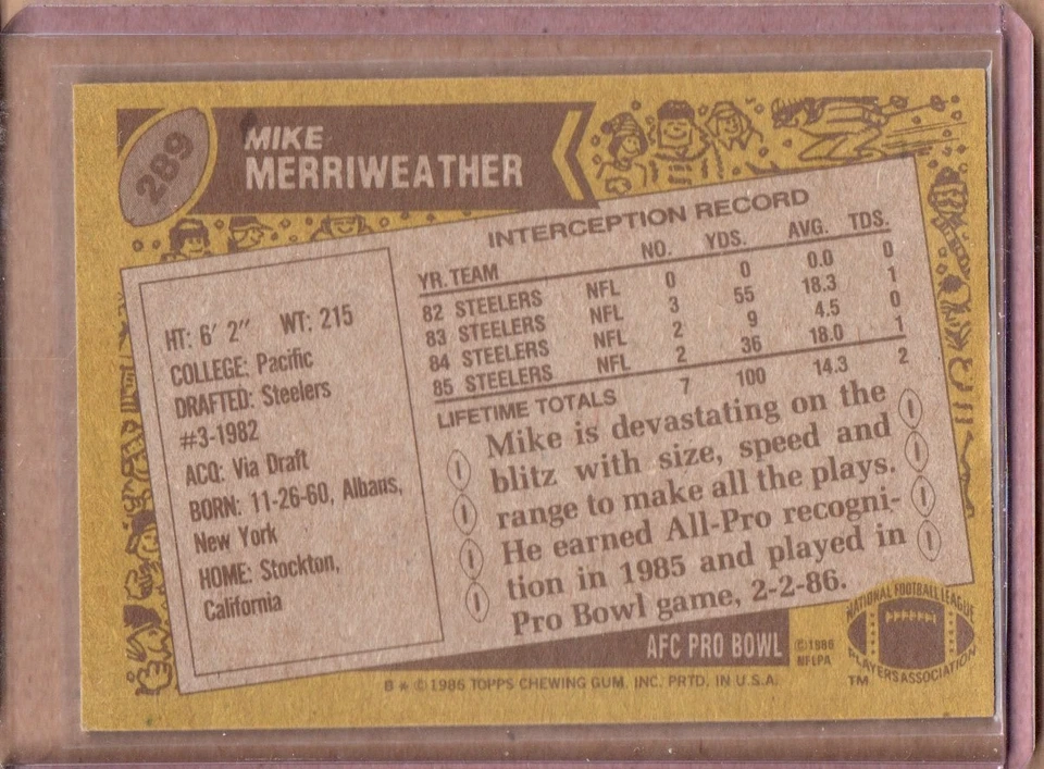 1986 TOPPS MIKE MERRIWEATHER   #289  (NM-NM/MT )** - Image 2 of 2