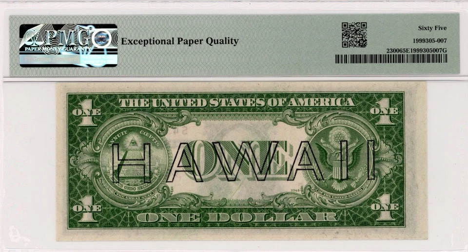 1935-A $1 Silver Hawaii Gem(SC Block) - Fr#2300 - PMG 65 EPQ - Gem Uncirculated - Image 2 of 2