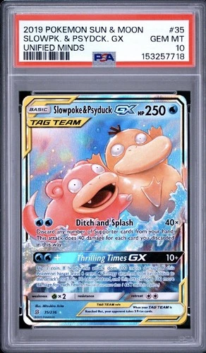 2019 Pokemon Sun & Moon Unified Minds #35 Slowpoke & Psyduck GX Tag Team PSA 10