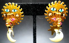 LUNCH AT THE RITZ Sun Moon & Stars Enamel Crystal Pierced Earrings