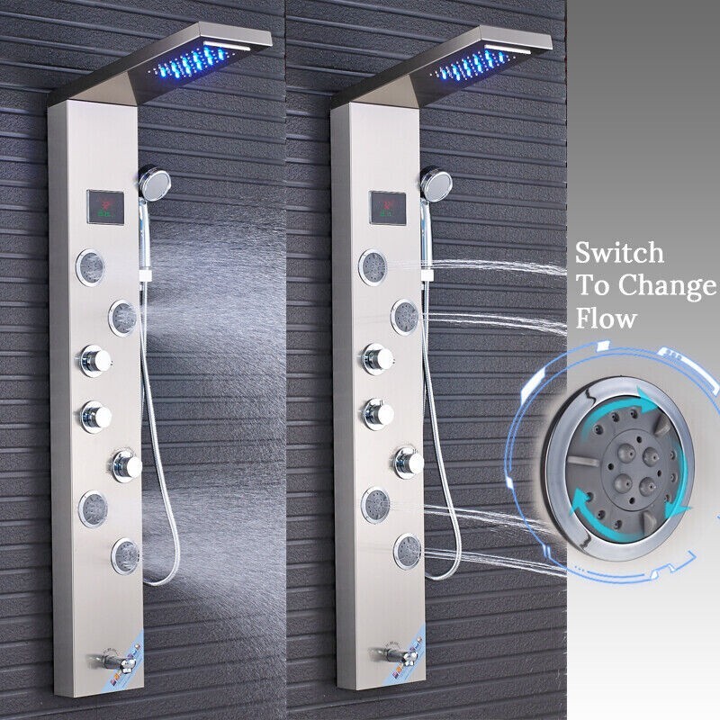 Wall Mount Stainless Steel LED Shower Panel Tower System Rainfall Waterfall Head