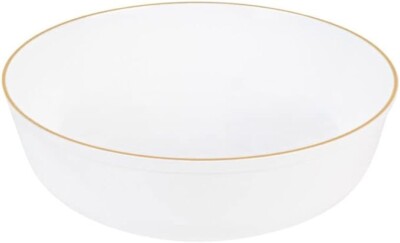 16oz Disposable White Plastic Round Salad Bowls with Gold Rim 10pcs