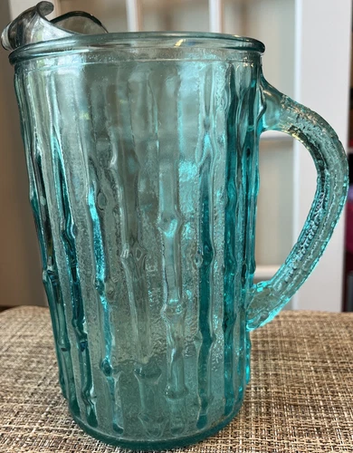 VTG ~ MCM Anchor Hocking  Aquamarine TAHITI Bamboo Glass ~ 64oz Pitcher ~ EUC