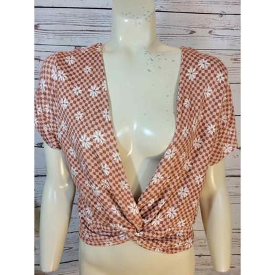 NWT SO Short Sleeve Crop Top Brown Daisy Check Reversible Twist Size XXL
