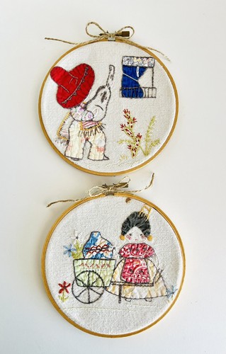 2 Vintage handbestickte Applikation Hoop Art ~ niedliche mexikanische Wanddekoration 6,5"