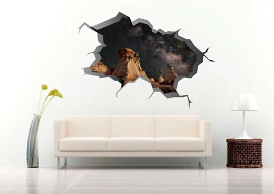 Night Sky Over Rocky Hills 3D Broken Wall Decal Vinyl Sticker Mural Art Decor