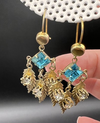 Vintage Gold Tone Leaf Dangle Pierced Earrings, Aqua&Clear Rhinestones - Picture 7 of 7