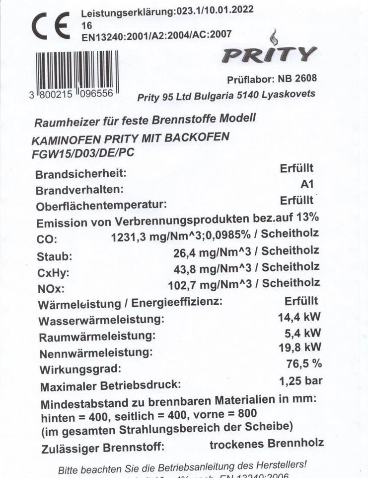 PRITY FGW15 Wasserführender mit Backfach 5+15 kW BImSchV 2 konform - Bild 3 von 4