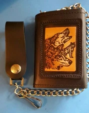  WOLVES Genuine Leather Embossed CHAIN TRI-FOLD Wallet - Made in USA