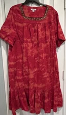Go Softly Red Tie Dye Beaded Patio MuuMuu Midi Dress Womens L Lounge Pockets