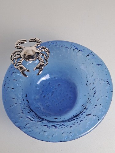 VTG. MUD PIE Ocean Dark Blue Glass Coastal Small 7" Serving Bowl Metal Crab RARE - Picture 2 of 6