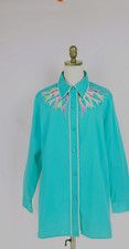 Bob Mackie Wearable Art Size L Green Embroidered Bows Button Up Shirt Long Sleev