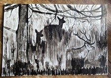 Landschaft Tiere Rehe Wald Wilde Welt Original Gemälde Indische Tusche Kunst
