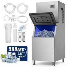 580LBS/24H Commercial Ice Maker Machine Freestanding Storage Bin Auto Cleaning
