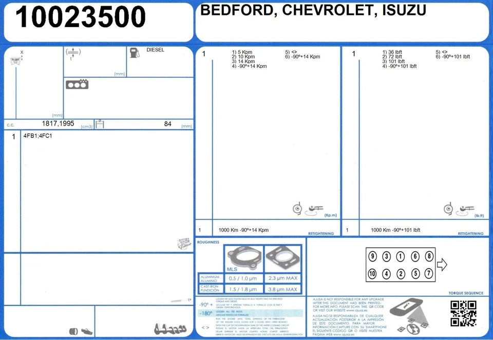 Full Engine Rebuild Gasket Set CHEVROLET CHEVETTE 1.8 61 4FB1 (1981-/1986) - Image 2 of 2