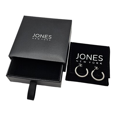 Jones New York Cubic Zirconia Hoop Rochelle Earrings Silvertone w/ Box & Pouch